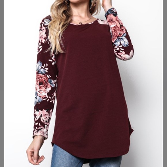 Burgundy Floral-Sleeve Crewneck - Picture 1 of 5